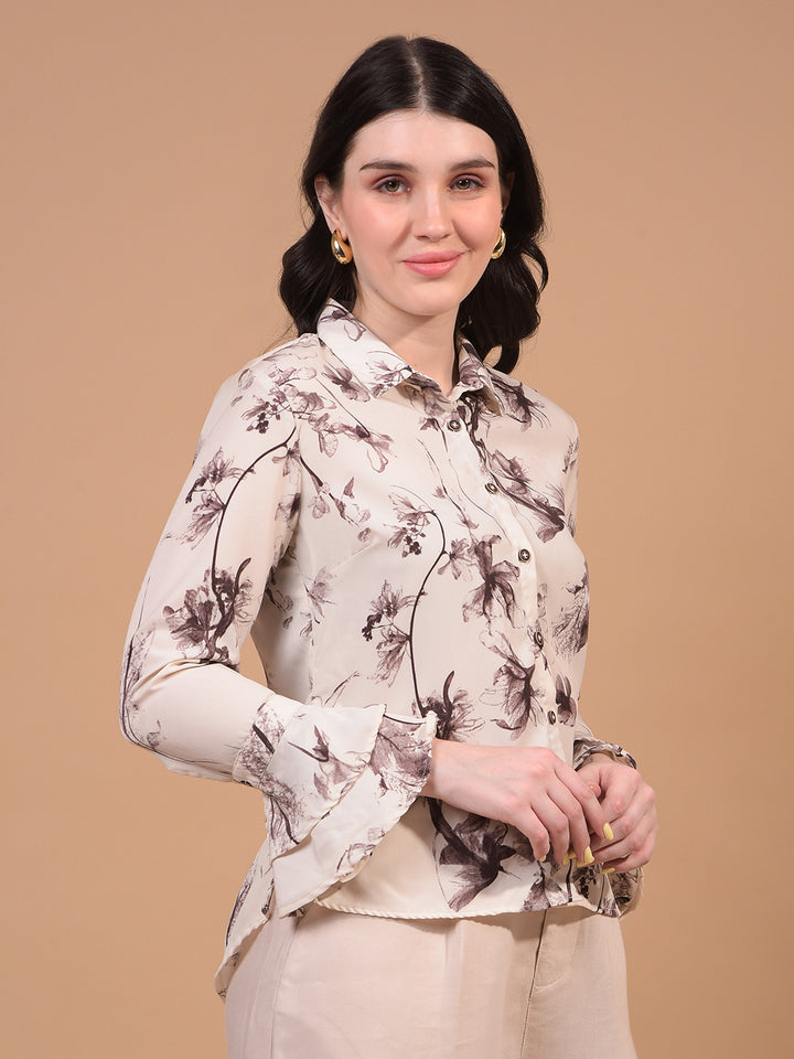 Women's Brown Floral Print Shirt-Women Shirts-Crimsoune Club