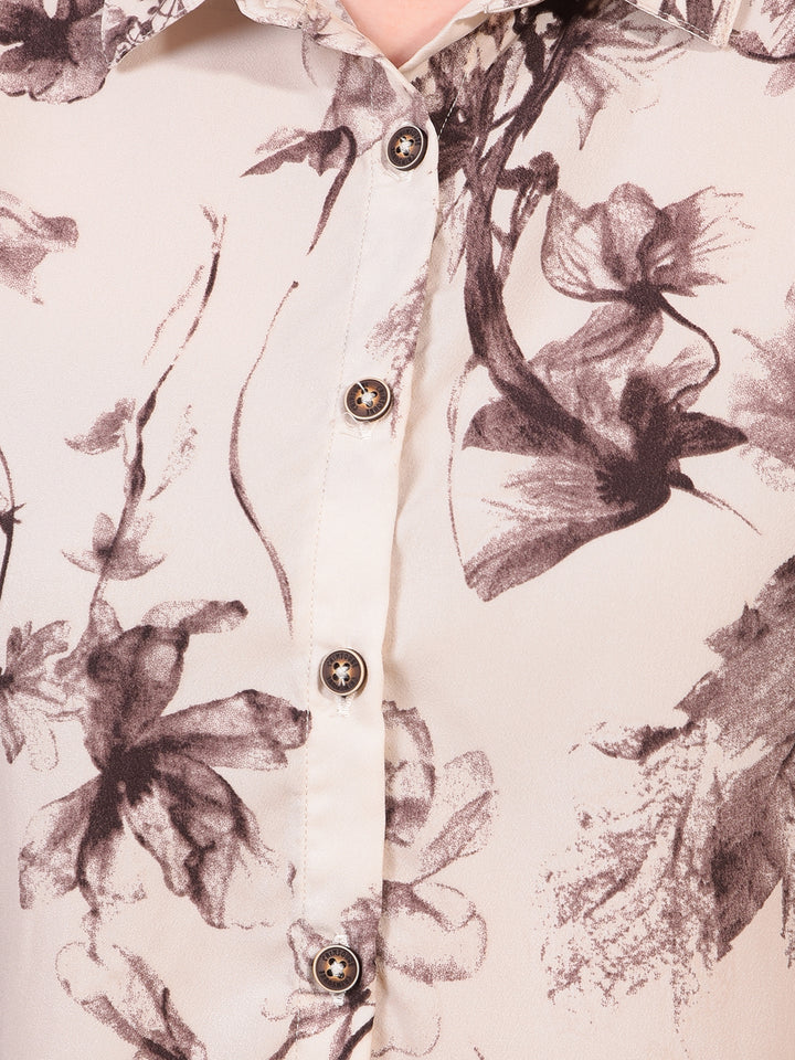 Women's Brown Floral Print Shirt-Women Shirts-Crimsoune Club