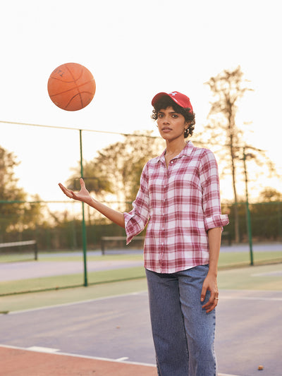 Maroon Checked Shirt-Women Shirts-Crimsoune Club
