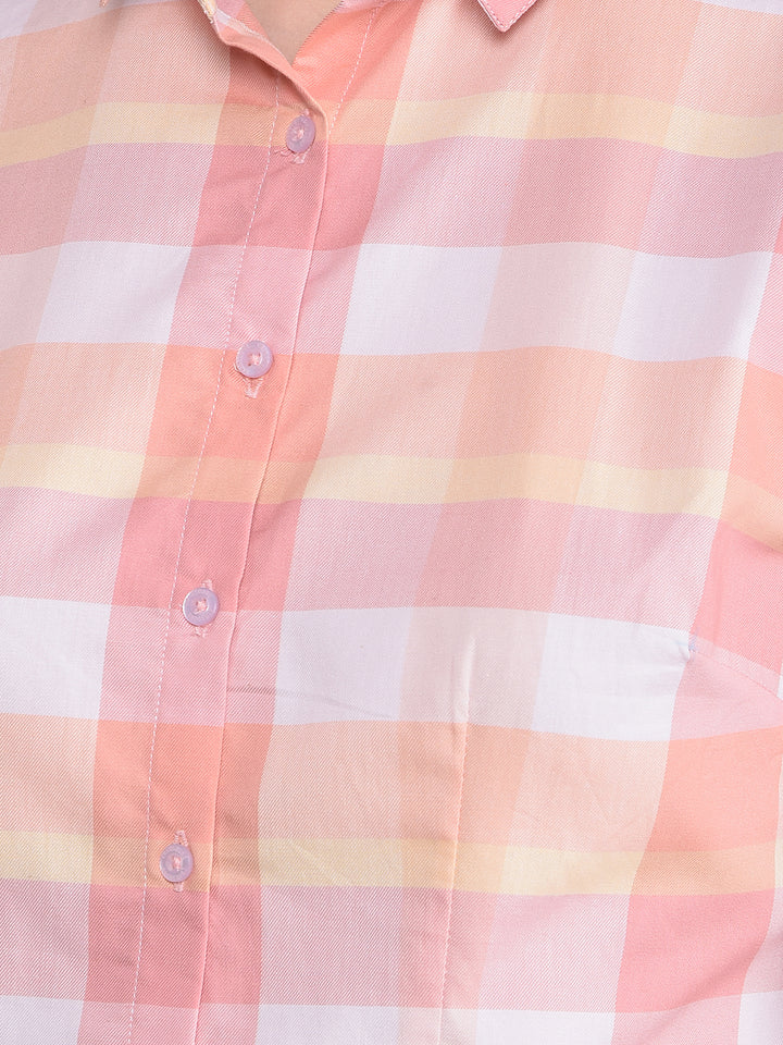 Peach Checked 100% Cotton Shirt-Women Shirts-Crimsoune Club