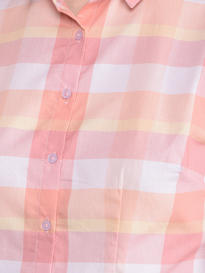 Peach Checked 100% Cotton Shirt-Women Shirts-Crimsoune Club