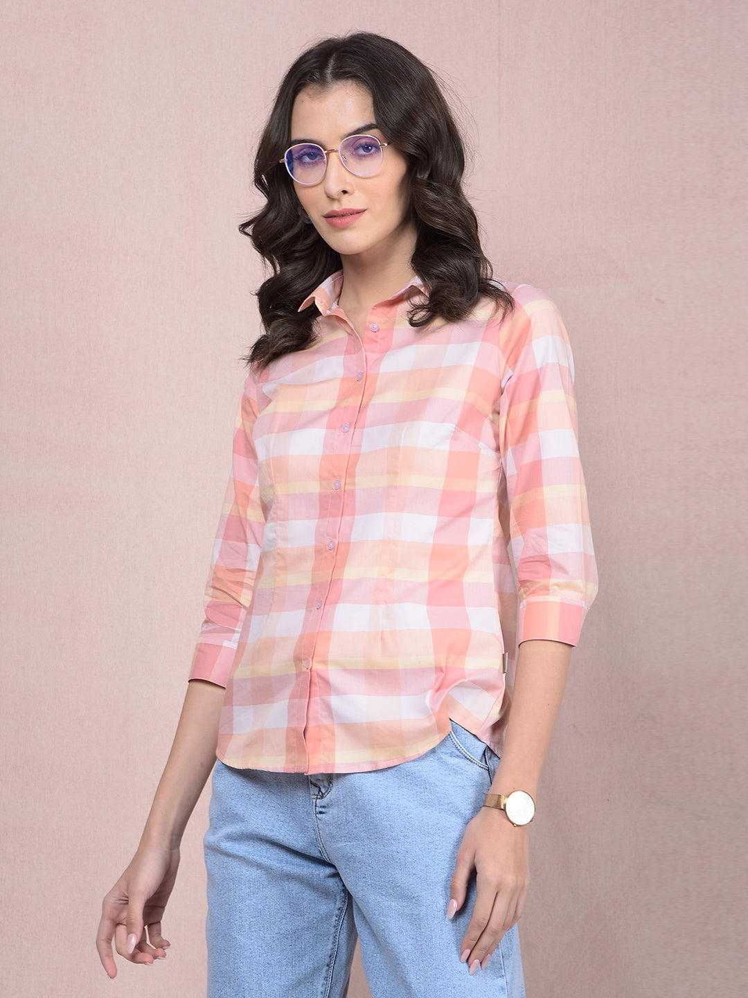 Peach Checked 100% Cotton Shirt-Women Shirts-Crimsoune Club