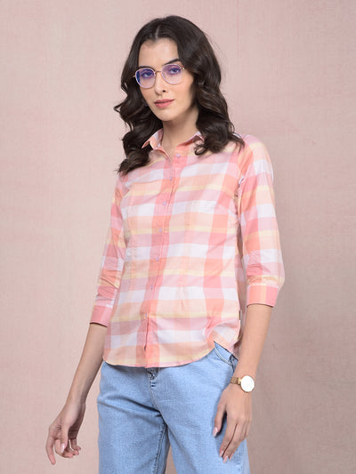 Peach Checked 100% Cotton Shirt-Women Shirts-Crimsoune Club