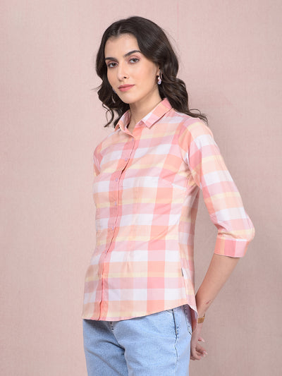 Peach Checked 100% Cotton Shirt-Women Shirts-Crimsoune Club