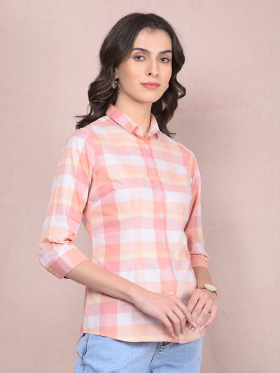 Peach Checked 100% Cotton Shirt-Women Shirts-Crimsoune Club