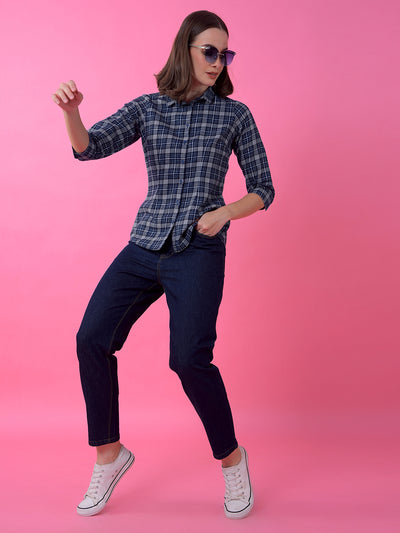 Navy Blue Checked Shirt-Women Shirts-Crimsoune Club