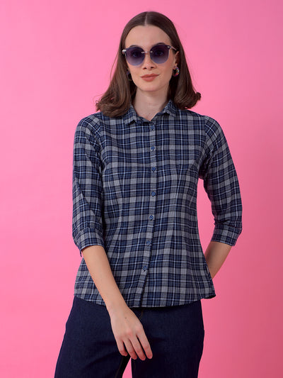 Navy Blue Checked Shirt-Women Shirts-Crimsoune Club