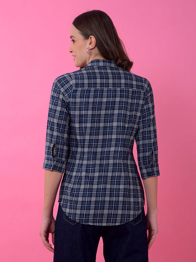 Navy Blue Checked Shirt-Women Shirts-Crimsoune Club