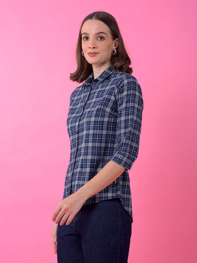 Navy Blue Checked Shirt-Women Shirts-Crimsoune Club