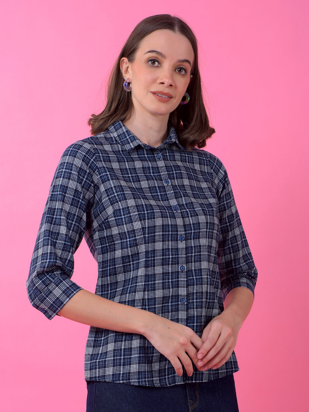 Navy Blue Checked Shirt-Women Shirts-Crimsoune Club