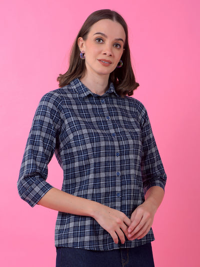 Navy Blue Checked Shirt-Women Shirts-Crimsoune Club