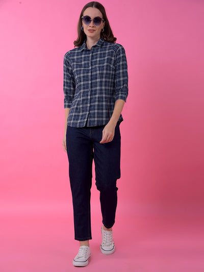 Navy Blue Checked Shirt-Women Shirts-Crimsoune Club