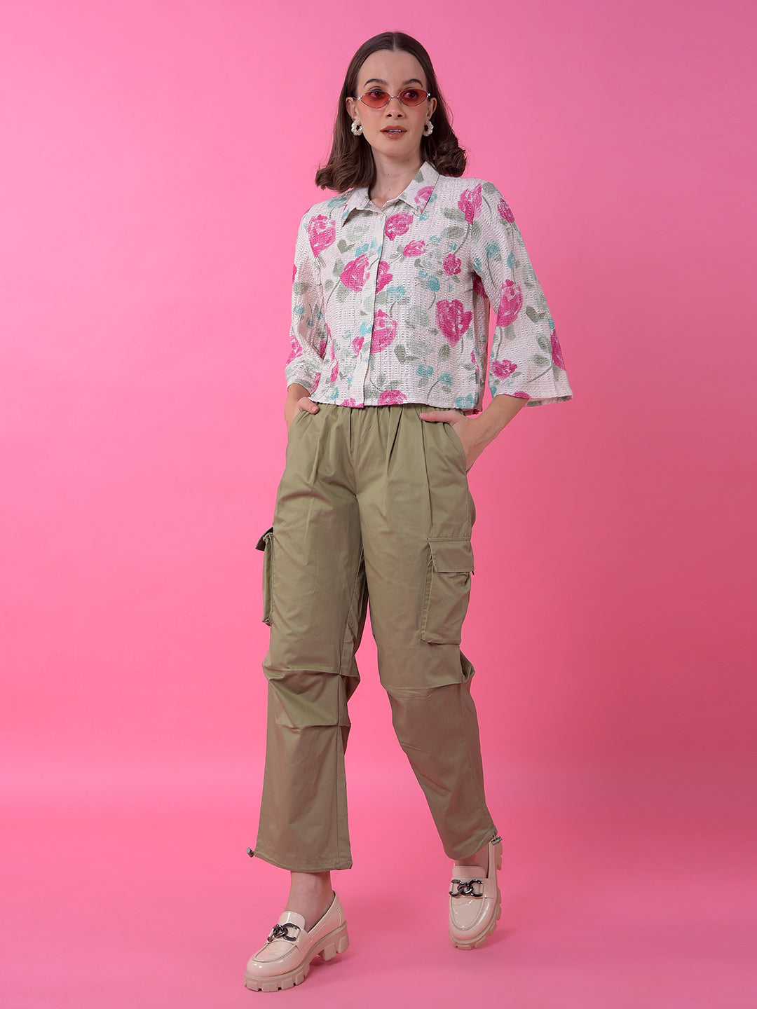 Pink Floral Print Shirt-Women Shirts-Crimsoune Club