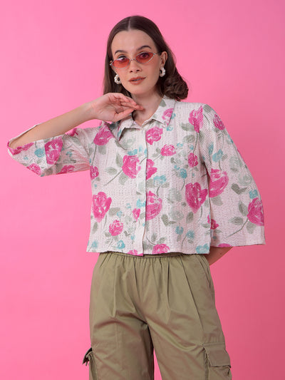Pink Floral Print Shirt-Women Shirts-Crimsoune Club