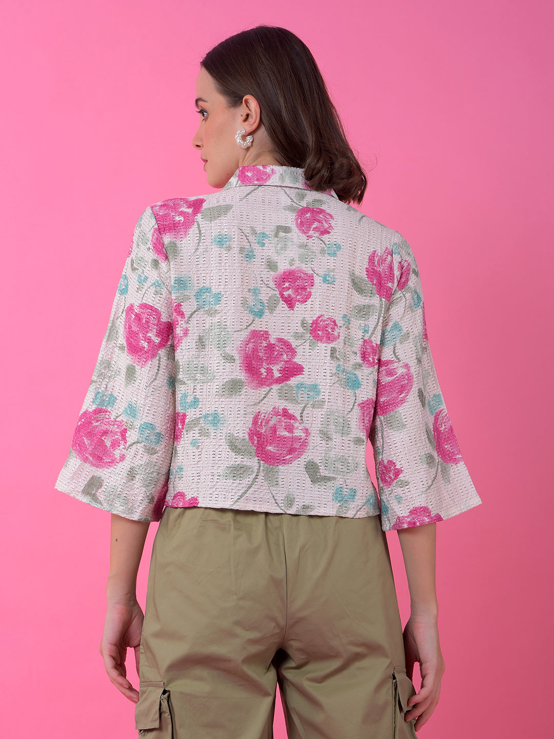 Pink Floral Print Shirt-Women Shirts-Crimsoune Club