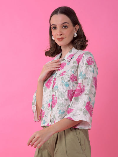 Pink Floral Print Shirt-Women Shirts-Crimsoune Club