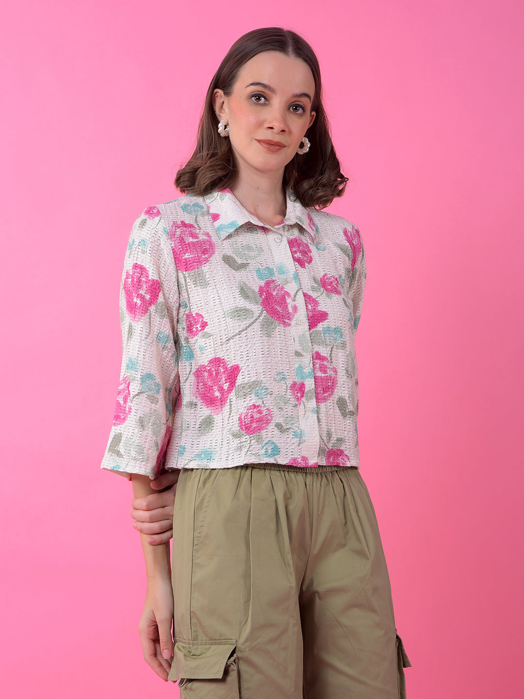 Pink Floral Print Shirt-Women Shirts-Crimsoune Club