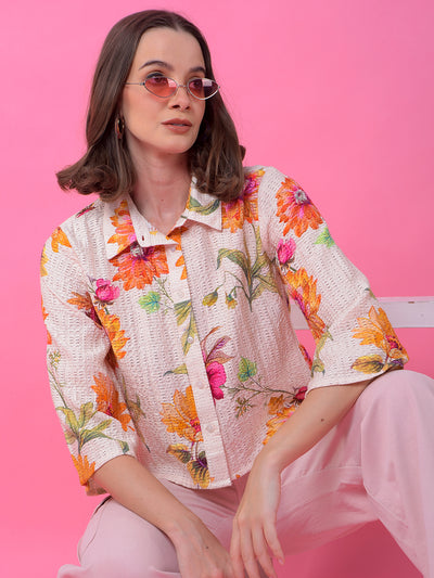 Orange Floral Print Shirt-Women Shirts-Crimsoune Club