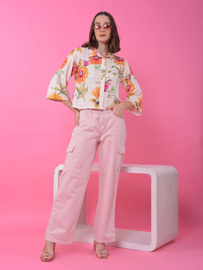 Orange Floral Print Shirt-Women Shirts-Crimsoune Club