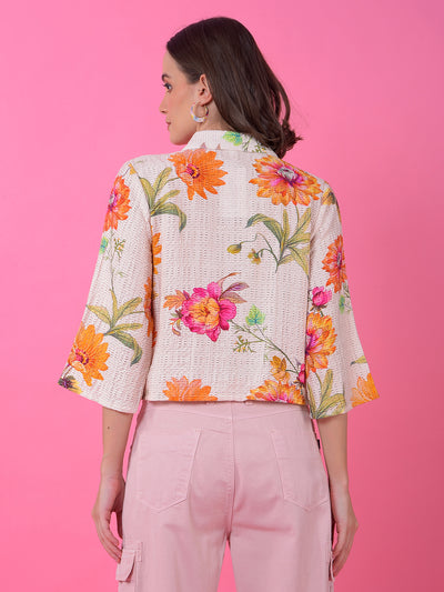 Orange Floral Print Shirt-Women Shirts-Crimsoune Club