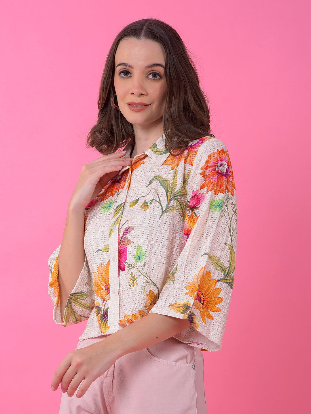 Orange Floral Print Shirt-Women Shirts-Crimsoune Club