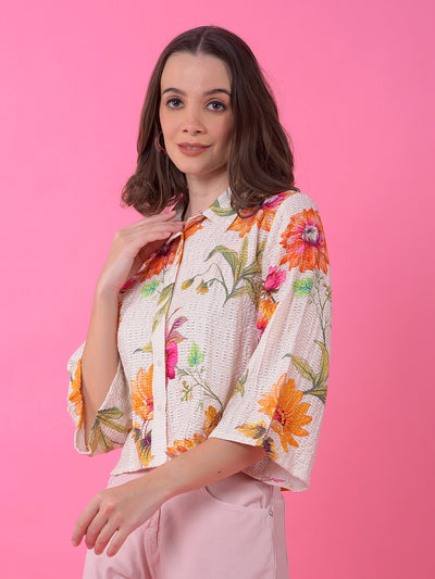 Orange Floral Print Shirt-Women Shirts-Crimsoune Club
