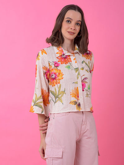Orange Floral Print Shirt-Women Shirts-Crimsoune Club