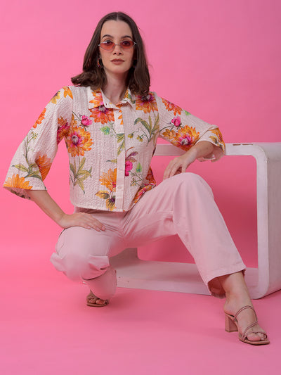 Orange Floral Print Shirt-Women Shirts-Crimsoune Club