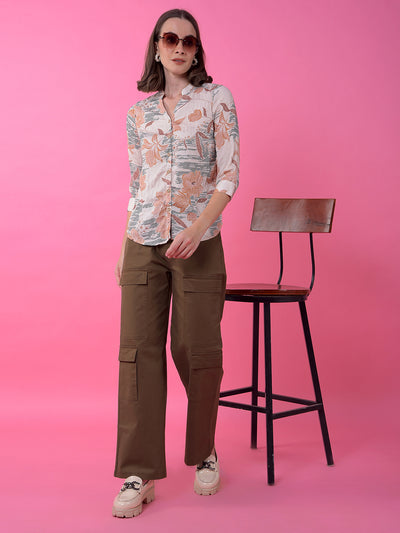 Peach Floral Print V-Neck Shirt-Women Shirts-Crimsoune Club