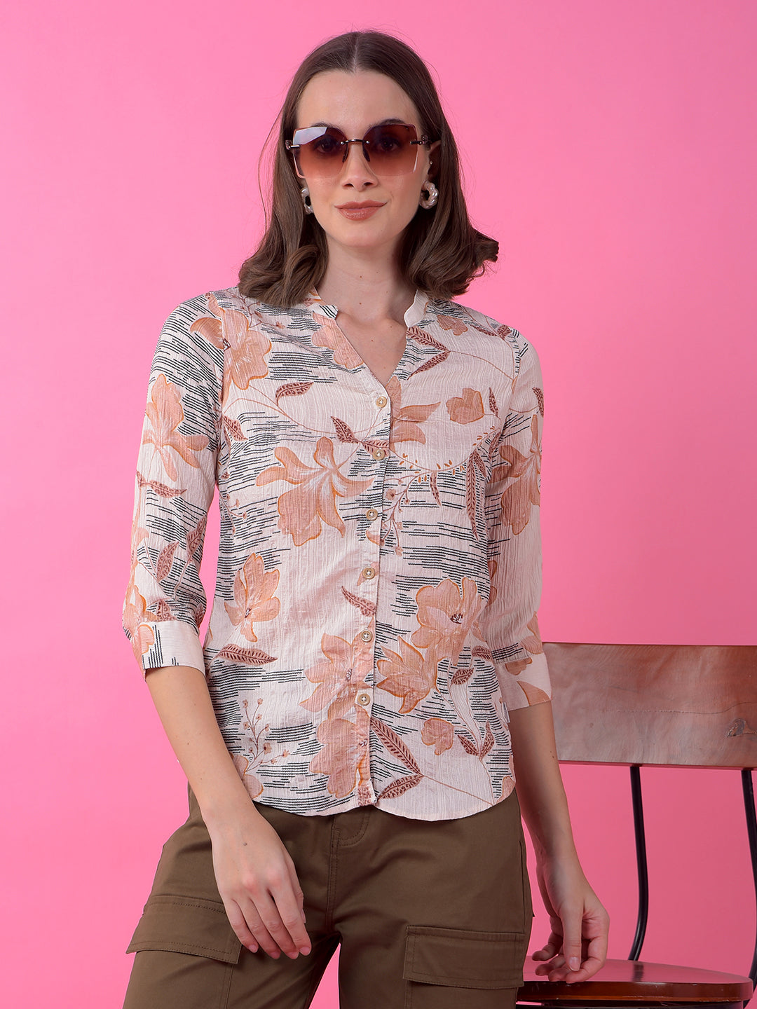 Peach Floral Print V-Neck Shirt-Women Shirts-Crimsoune Club