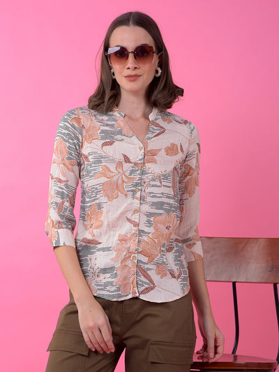Peach Floral Print V-Neck Shirt-Women Shirts-Crimsoune Club