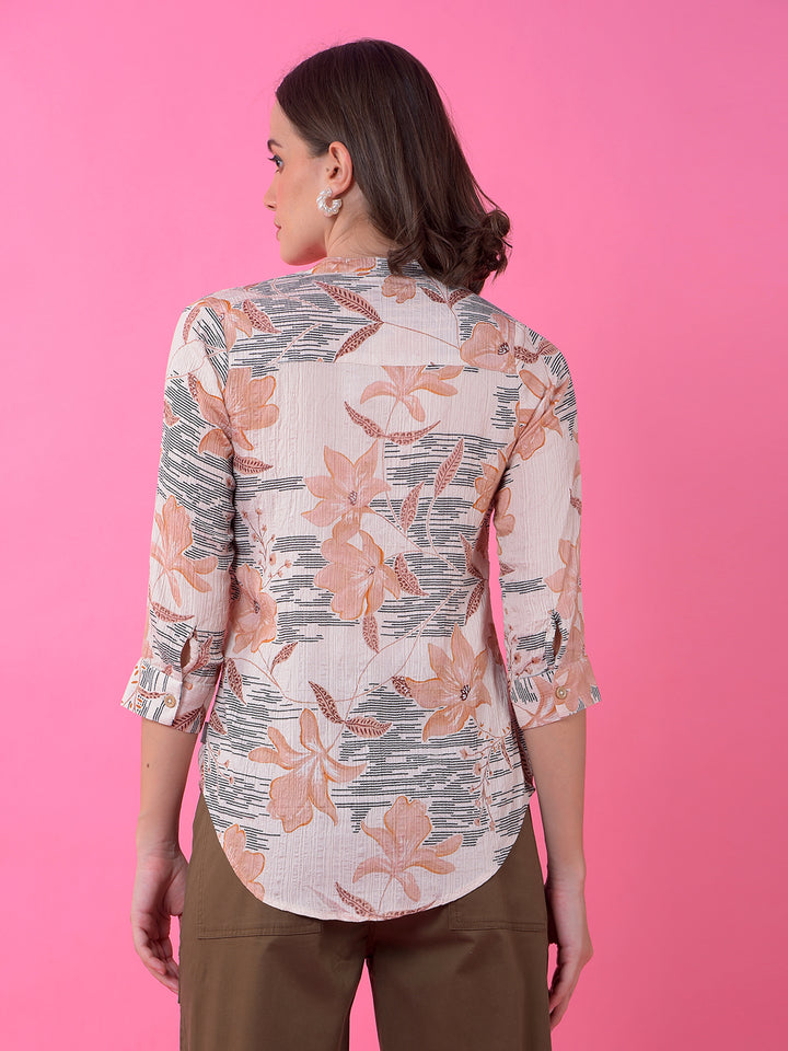 Peach Floral Print V-Neck Shirt-Women Shirts-Crimsoune Club