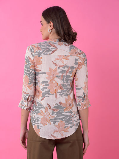 Peach Floral Print V-Neck Shirt-Women Shirts-Crimsoune Club