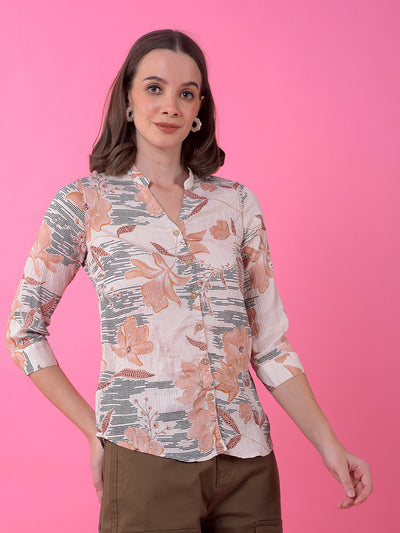 Peach Floral Print V-Neck Shirt-Women Shirts-Crimsoune Club