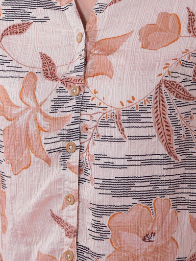 Peach Floral Print V-Neck Shirt-Women Shirts-Crimsoune Club