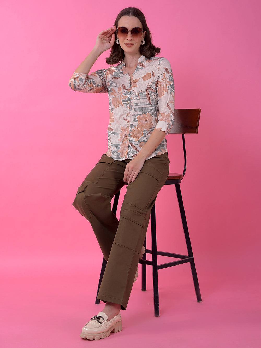 Peach Floral Print V-Neck Shirt-Women Shirts-Crimsoune Club