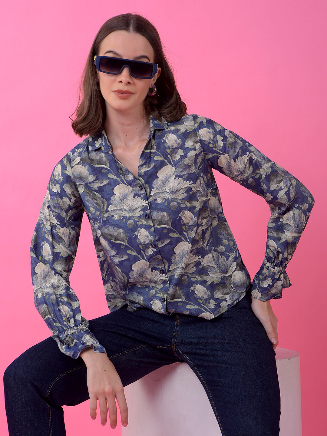 Blue Floral Print Modal Shirt-Women Shirts-Crimsoune Club