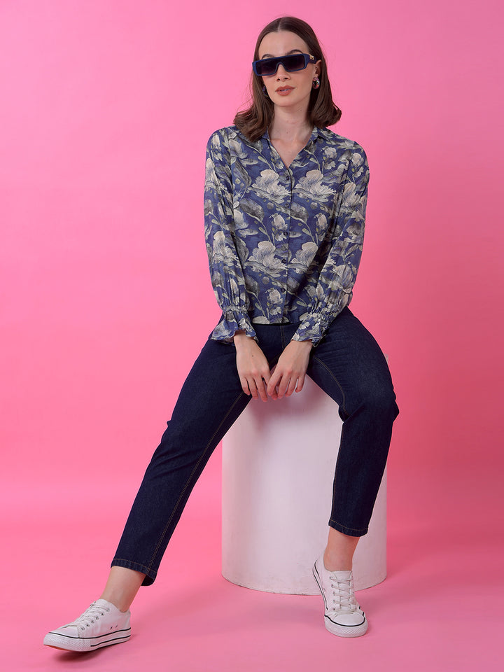 Blue Floral Print Modal Shirt-Women Shirts-Crimsoune Club