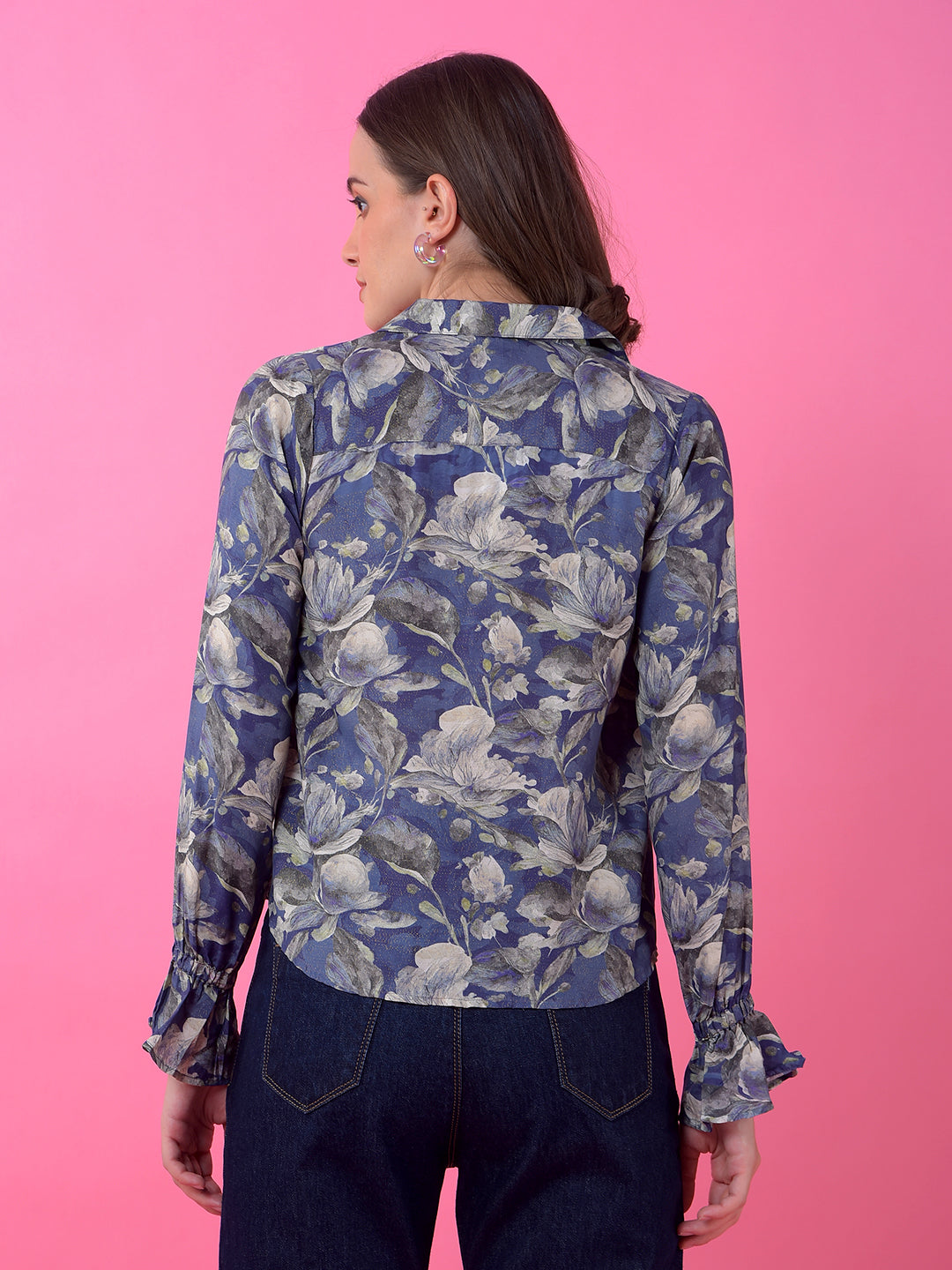 Blue Floral Print Modal Shirt-Women Shirts-Crimsoune Club