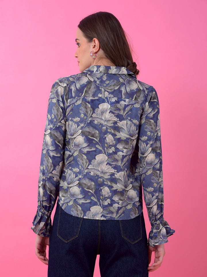 Blue Floral Print Modal Shirt-Women Shirts-Crimsoune Club