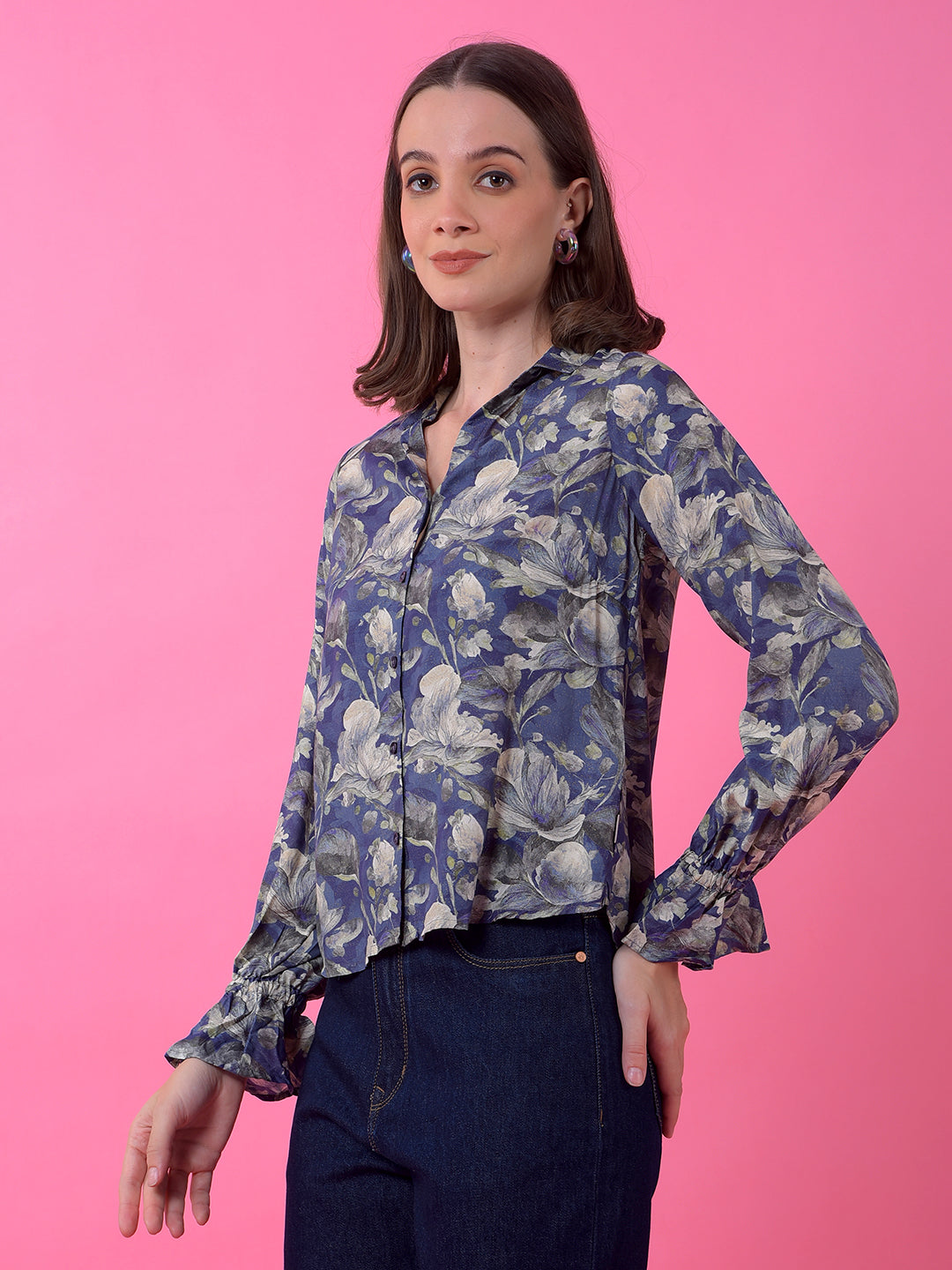 Blue Floral Print Modal Shirt-Women Shirts-Crimsoune Club