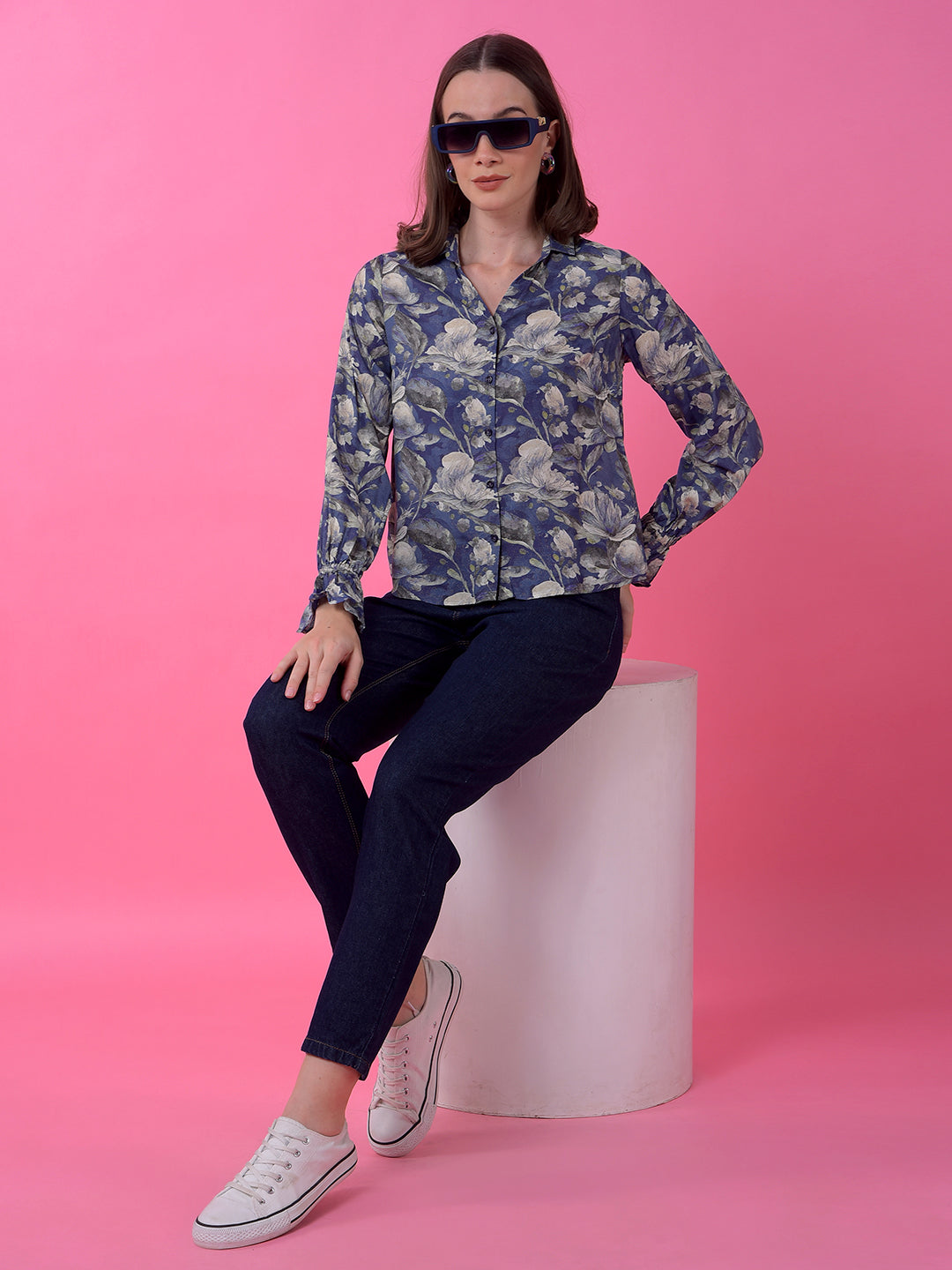 Blue Floral Print Modal Shirt-Women Shirts-Crimsoune Club
