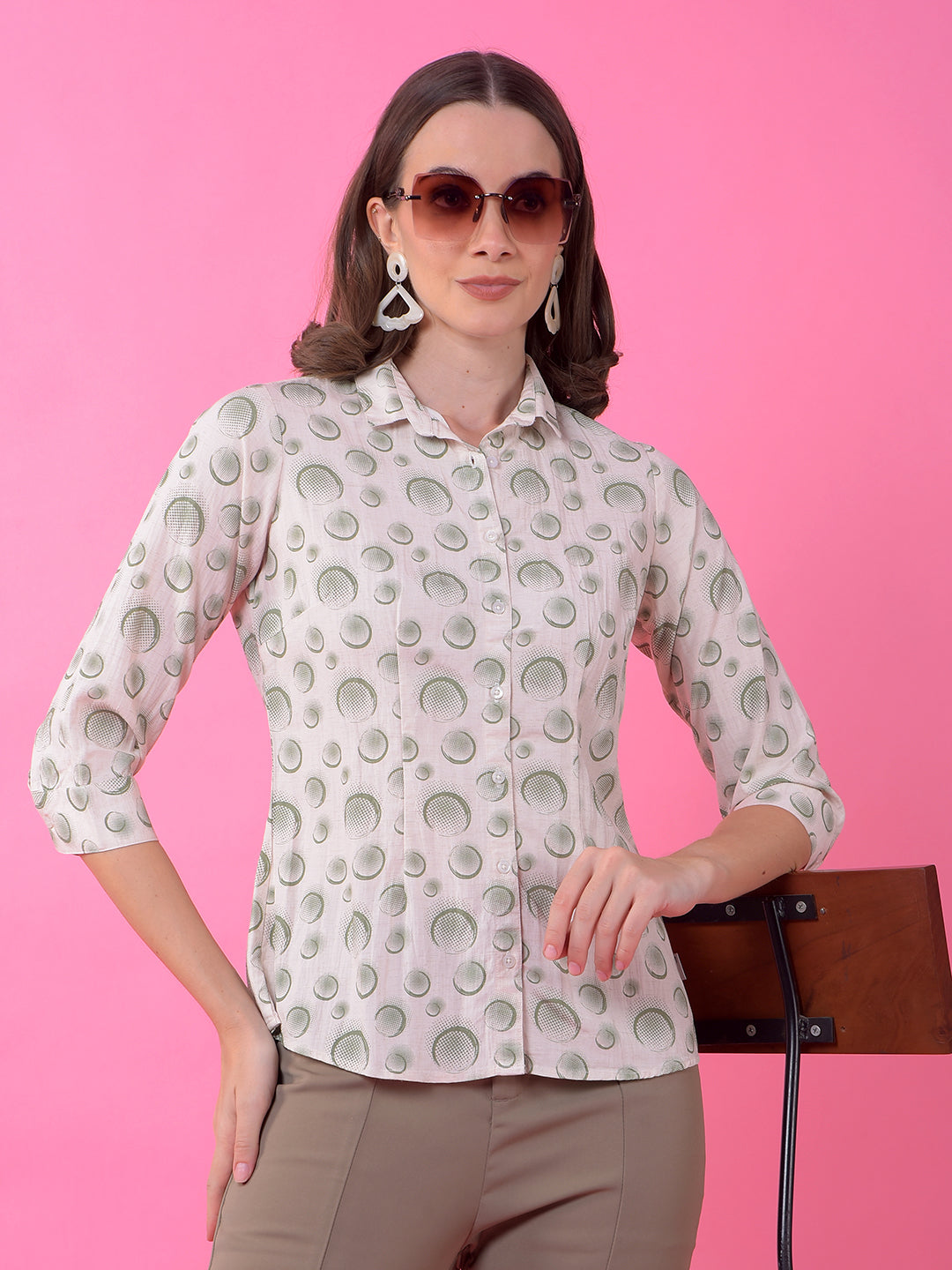 Green Printed Linen Shirt-Women Shirts-Crimsoune Club