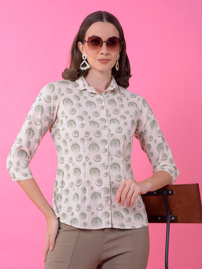 Green Printed Linen Shirt-Women Shirts-Crimsoune Club