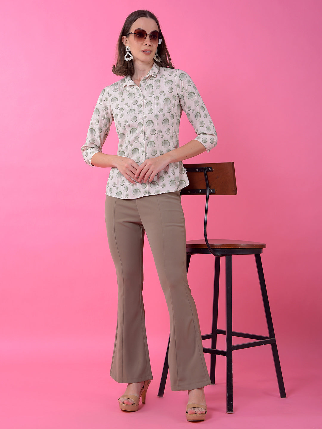 Green Printed Linen Shirt-Women Shirts-Crimsoune Club