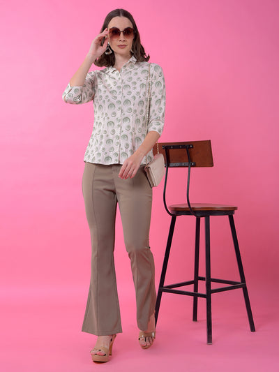 Green Printed Linen Shirt-Women Shirts-Crimsoune Club