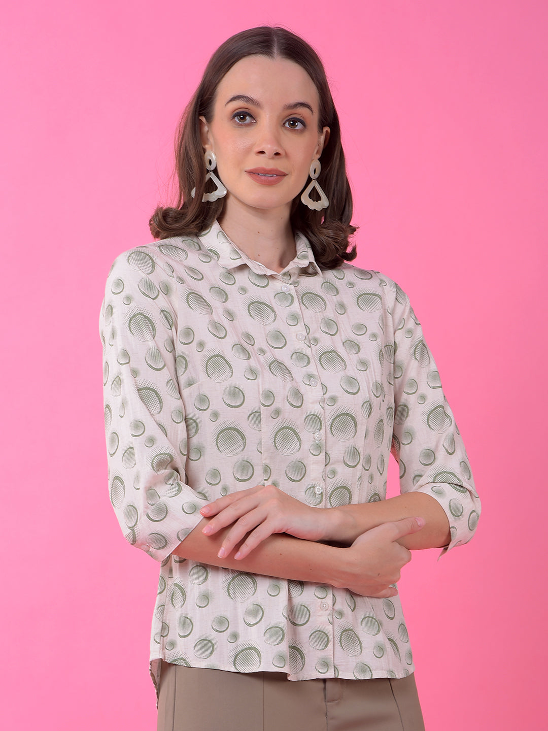 Green Printed Linen Shirt-Women Shirts-Crimsoune Club