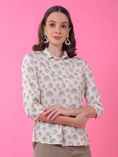 Green Printed Linen Shirt-Women Shirts-Crimsoune Club