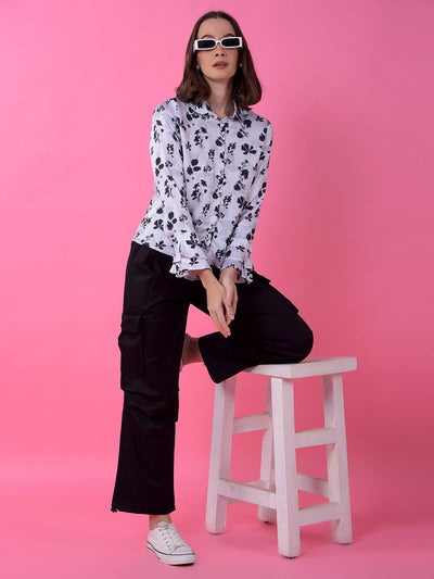 White Floral Print Shirt-Women Shirts-Crimsoune Club