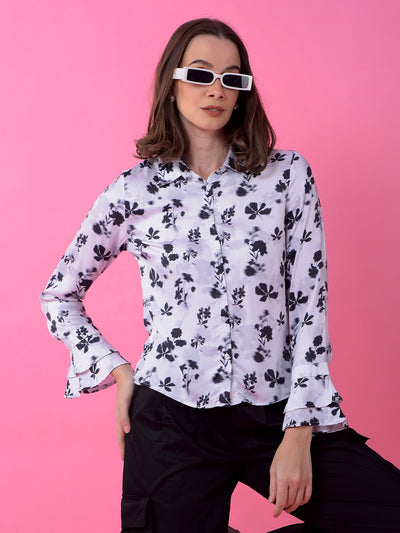 White Floral Print Shirt-Women Shirts-Crimsoune Club